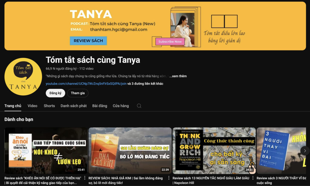 Kênh youtube tóm tắt sách nói cùng Tanya